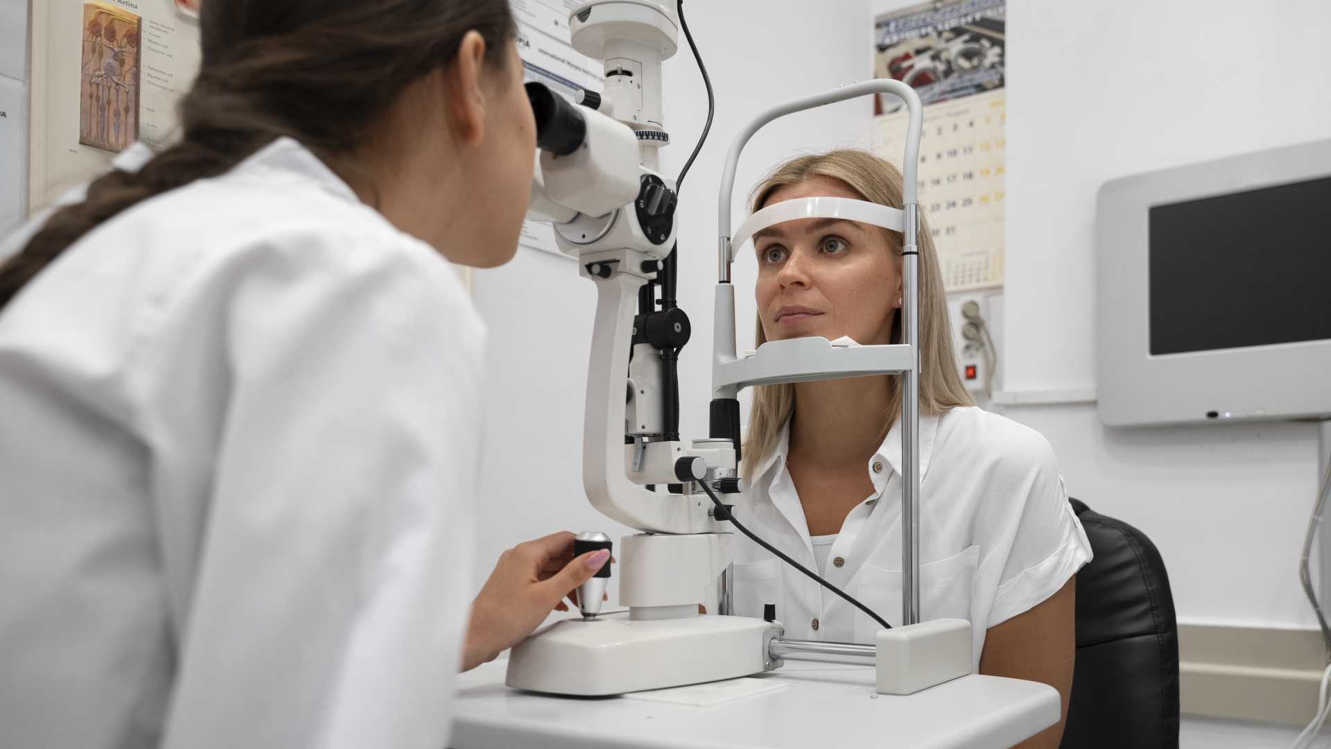 Medium shot woman getting her eyes checked