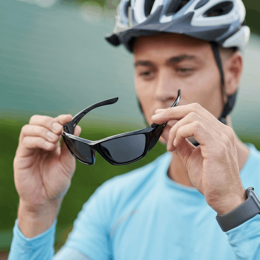 Cyclist adjusting black polarized sport sunglasses outdoors