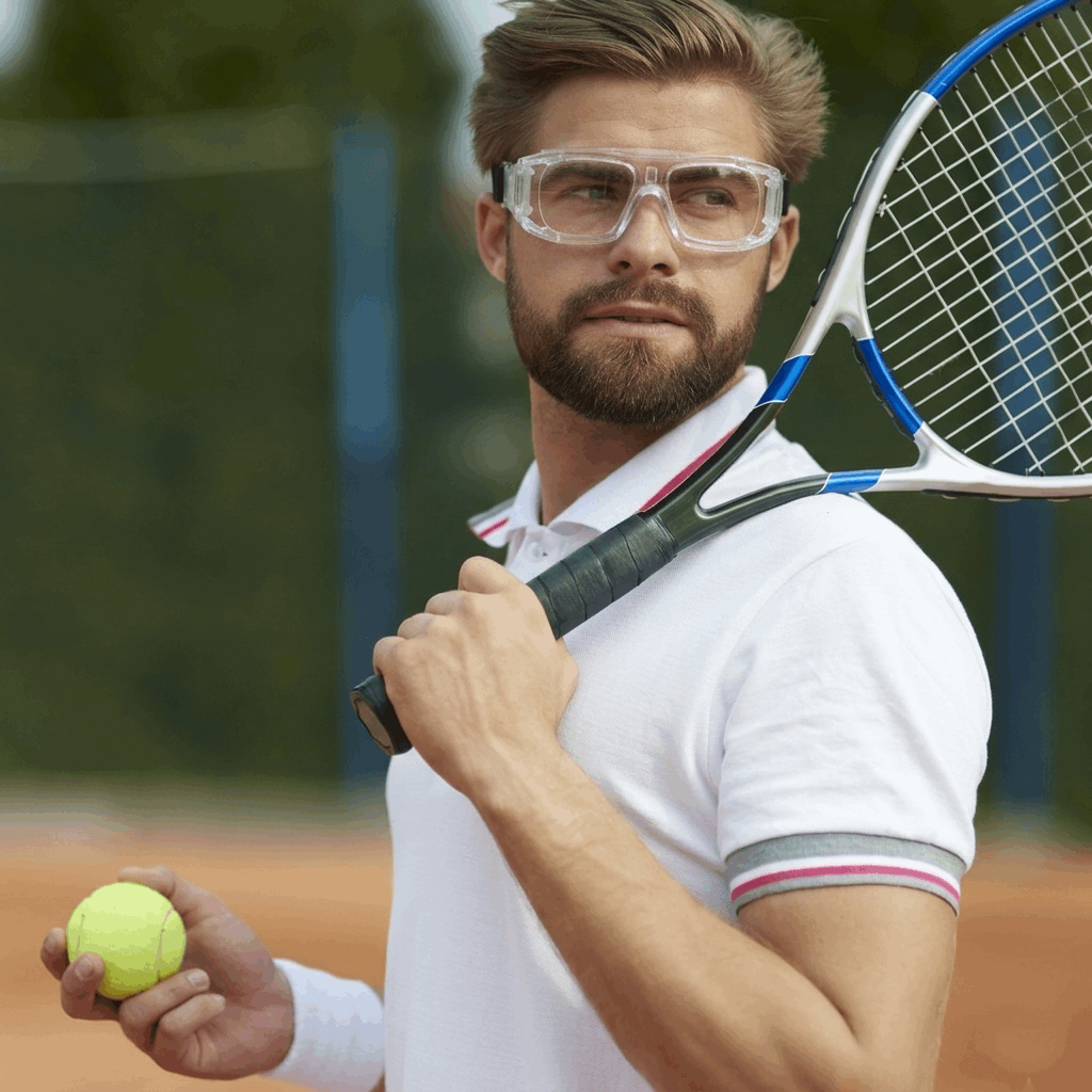 A male tennis player wearing clear, anti-glare prescription sport goggles while holding a tennis racket and ball.