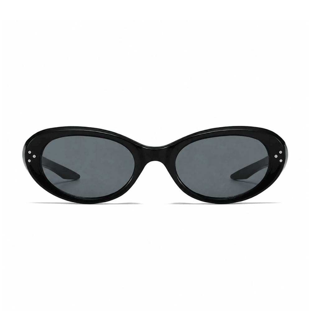 VELSUN-108 vintage oval sunglasses in a thick gloss black PC frame with dark grey lenses alongside a technical sizing dimension blueprint graphic