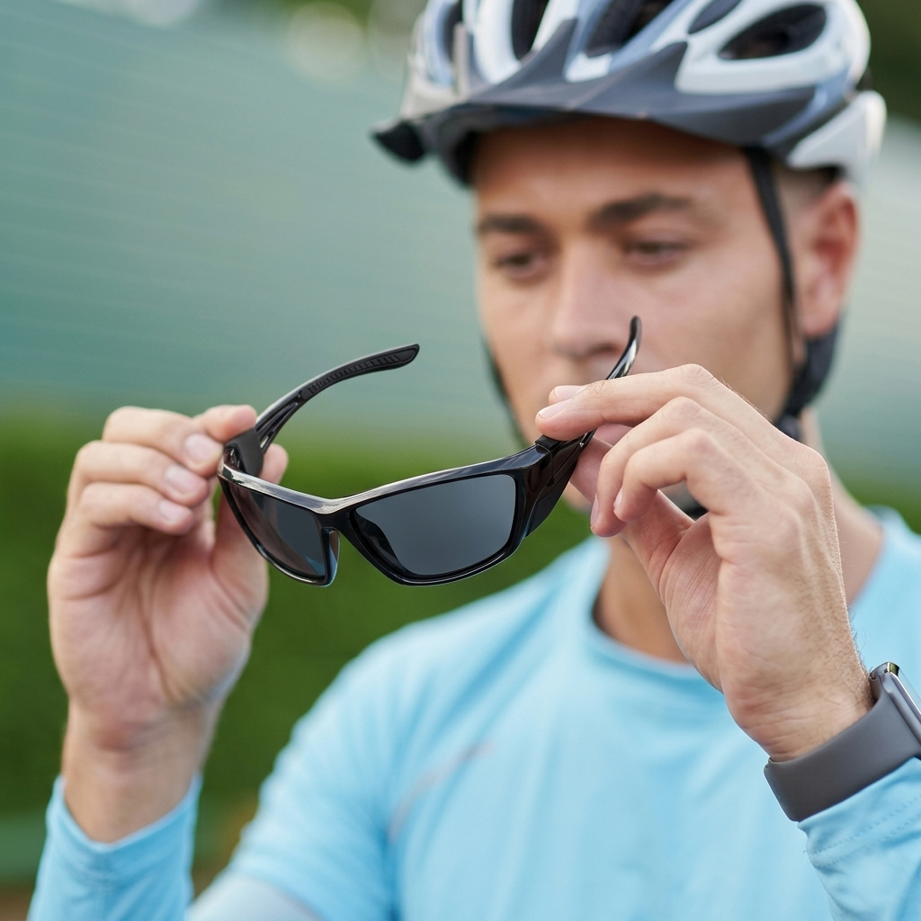 Man holding sport sunglasses, wearing cycling helmet and blue athletic shirt outdoors