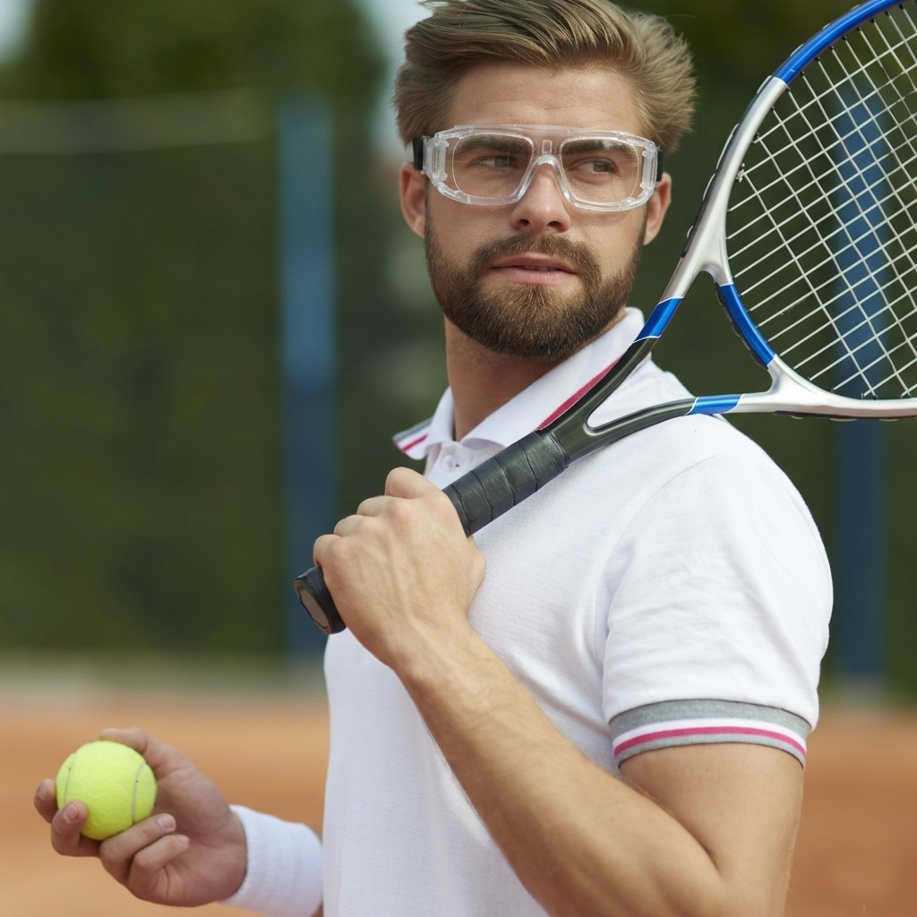 Man wearing clear protective eyewear on tennis court, holding racket and ball