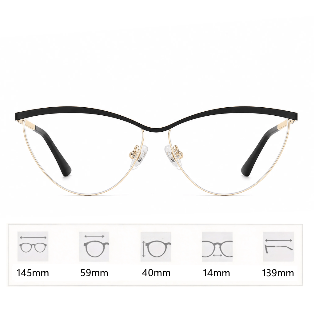 VELOP-701 elegant metal cat eye prescription glasses in sleek black and polished gold with clear blue light blocking lenses