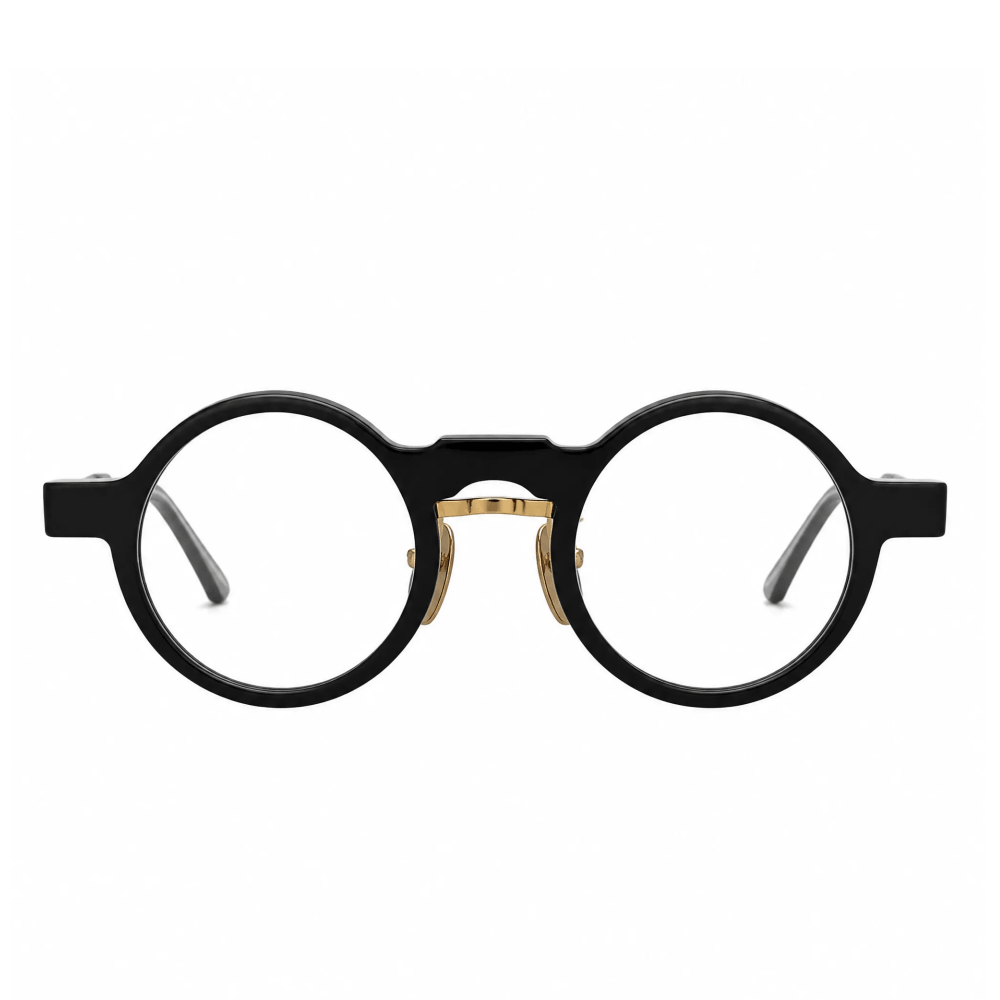 VELOPT-B115 chunky retro round prescription glasses in matte black PC featuring a polished gold metal bridge and adjustable nose pads