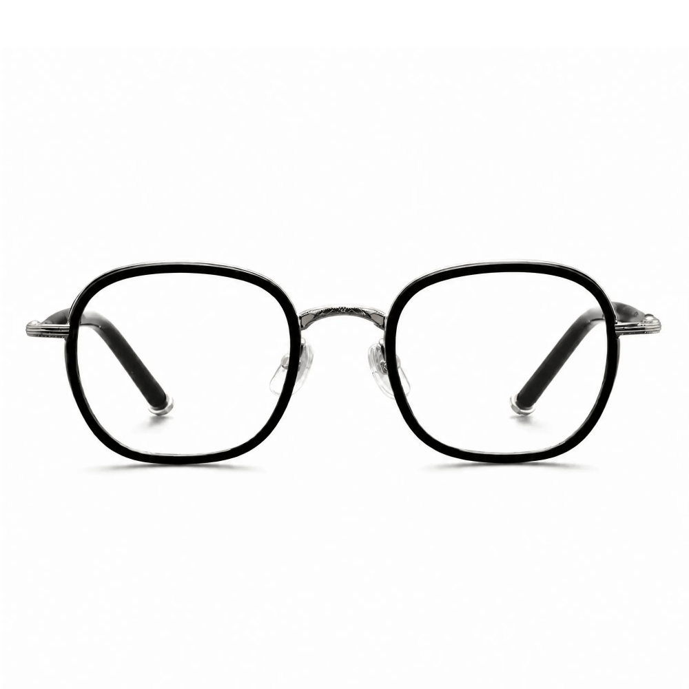 VELOPT-B111 bold square black PC prescription glasses with integrated nose bridge and technical size chart