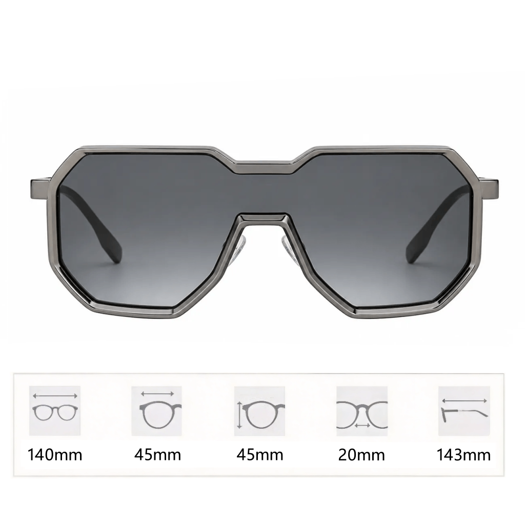 VELSUN-102 flat top geometric shield sunglasses featuring a dark smoke grey gradient lens and dark gunmetal metal hardware