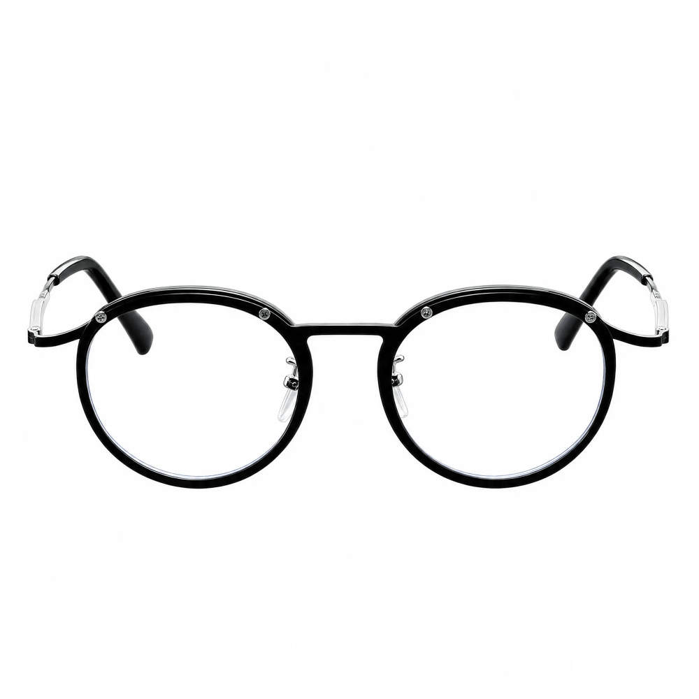 VELOPT-B114 vintage round prescription glasses featuring a black metal frame with silver wire accents and technical size chart