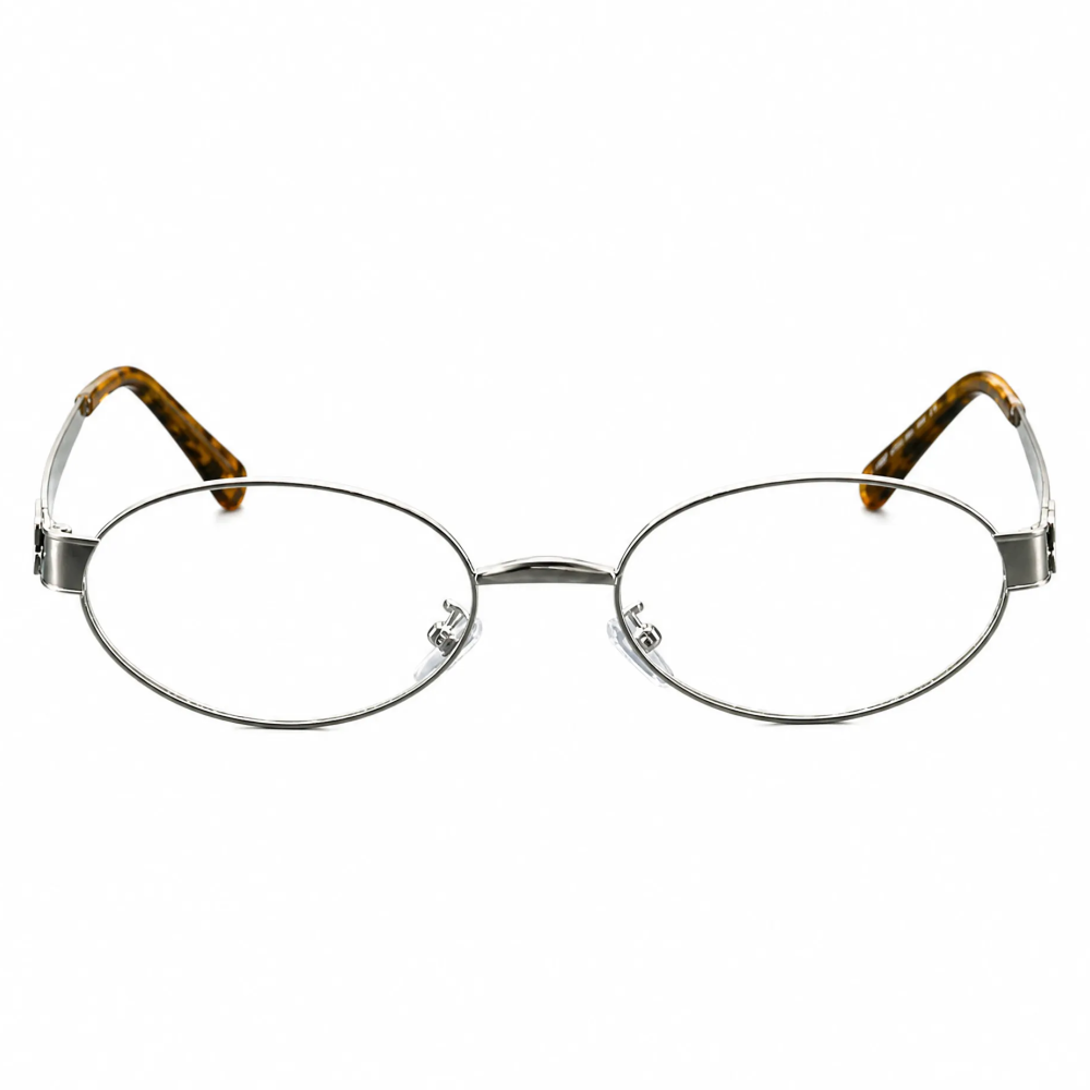 VELOPT-B102 slim oval metal prescription glasses in matte metallic silver with dark brown tortoise shell eartips