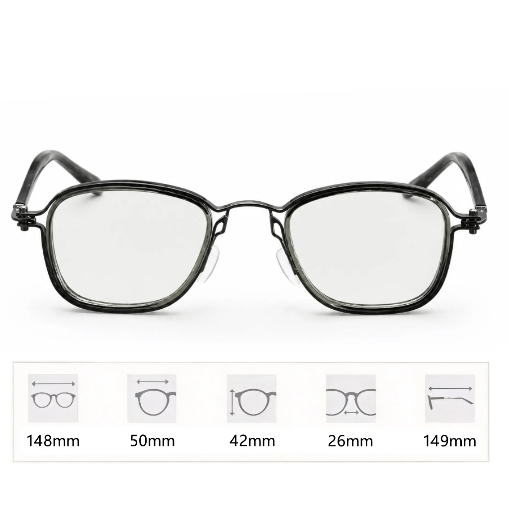 VELOPT-B107 soft square PC prescription glasses in ink black with a metallic gunmetal gray bridge and technical size chart