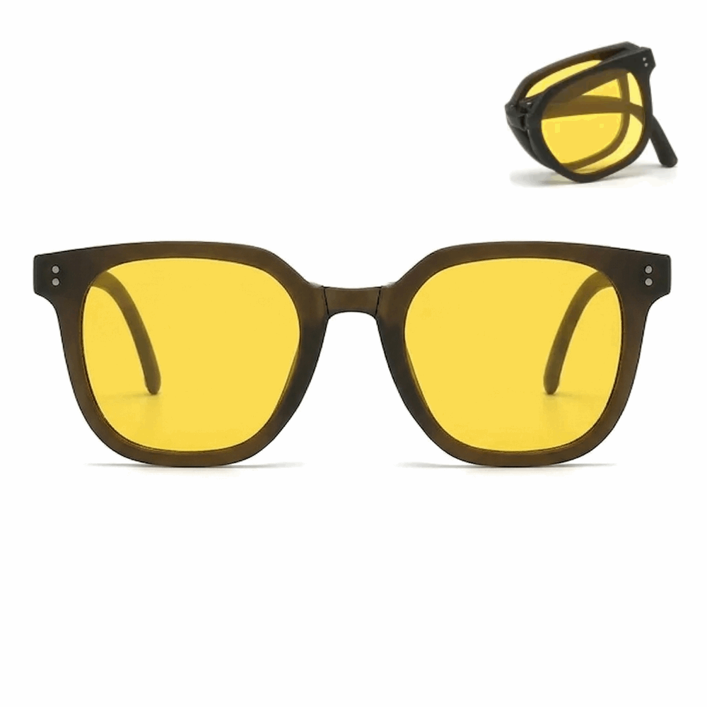 Vibrant Sunset Orange folding sunglasses, high-fashion portable eyewear for beach trips.