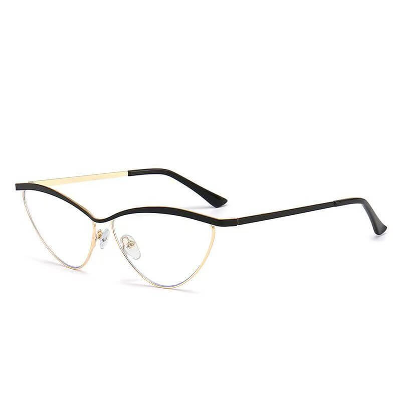 VELOP-701 elegant metal cat eye prescription glasses in sleek black and polished gold with clear blue light blocking lenses