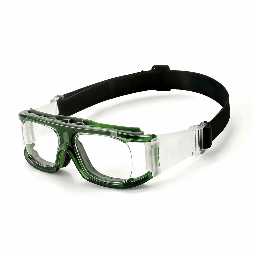 Side View of VELSPT-101 hunter green high-tenacity prescription sport goggles designed for zero-distraction fitness workouts.