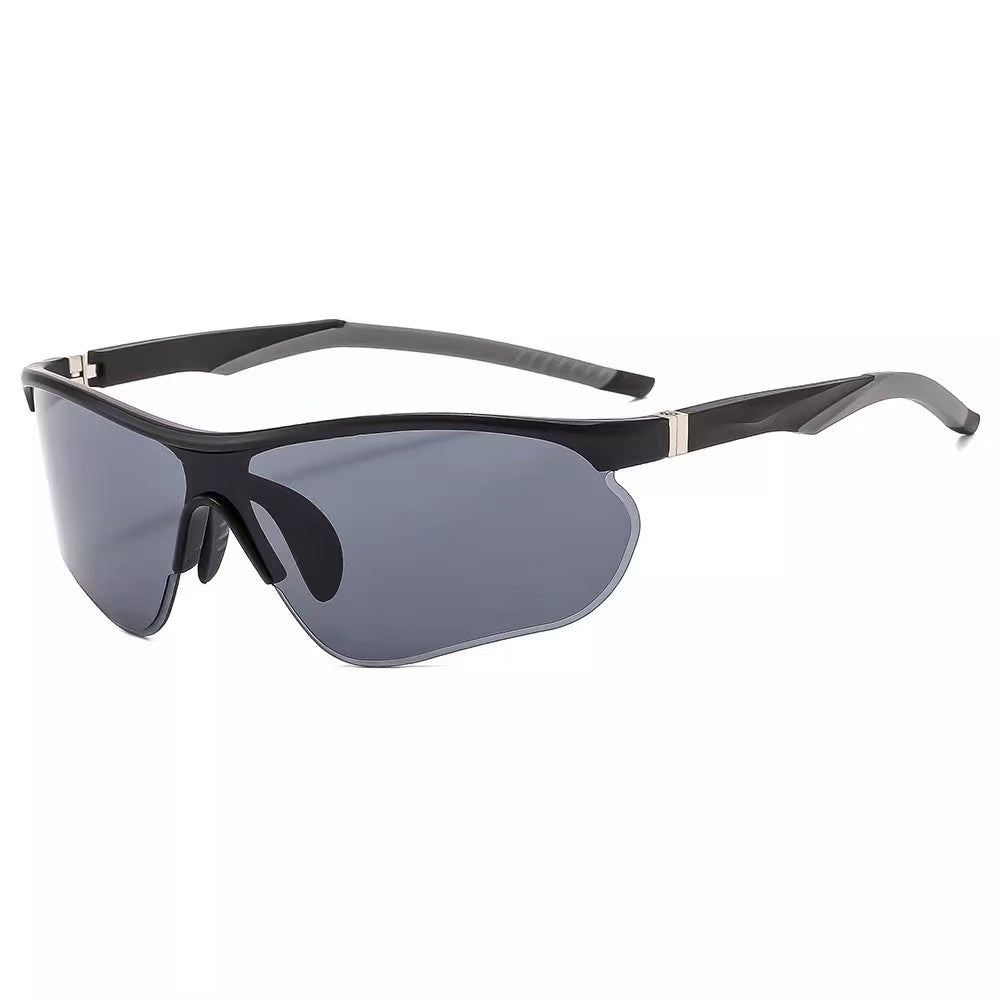 Matte black rimless sport sunglasses with smoke gray PC lens and metal+PC frame — VELSPT-375