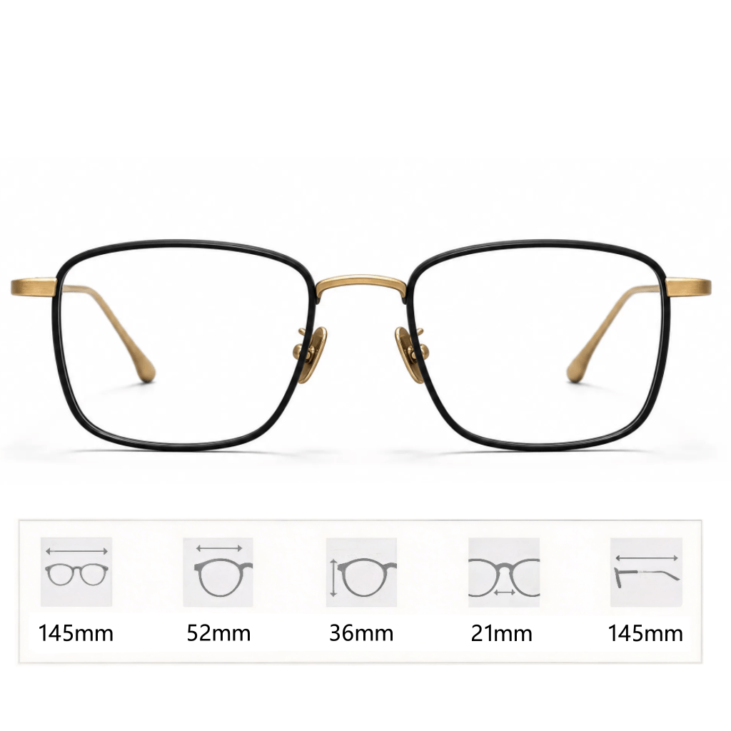 VELOP-704 classic black and gold metal square prescription glasses with clear blue light blocking lenses