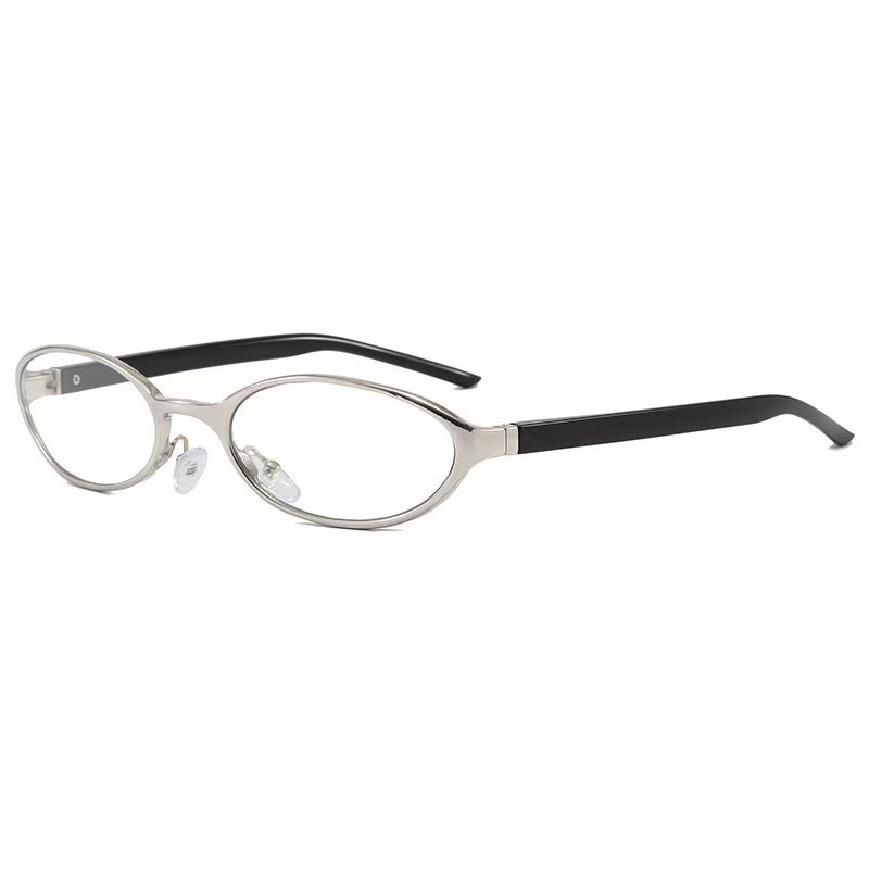 Sleek Silver & Black oval frames, futuristic minimalist glasses for unisex fashion.