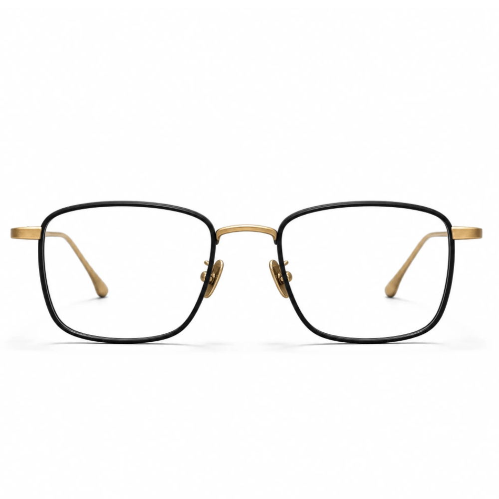 VELOP-704 classic black and gold metal square prescription glasses with clear blue light blocking lenses
