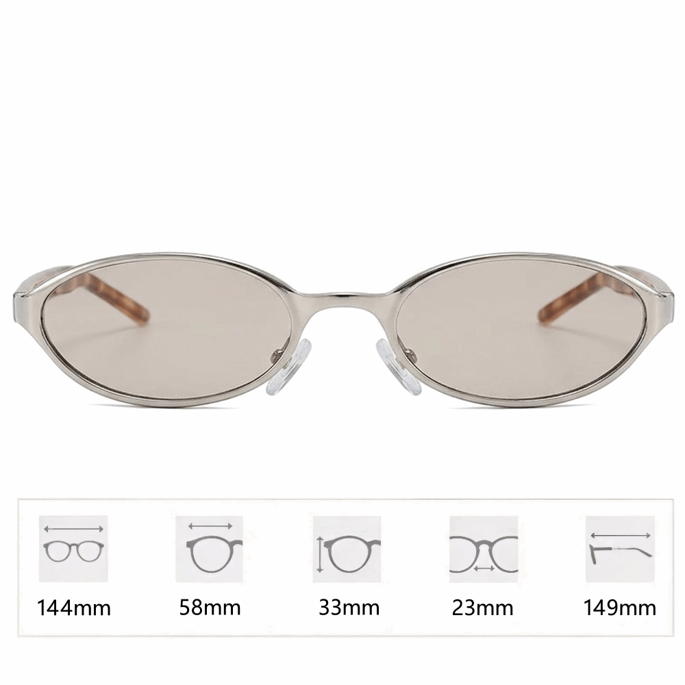 Velora Cyber-Y2K oval glasses specifications: 144mm frame width, 58mm lens width, and 149mm temple length.