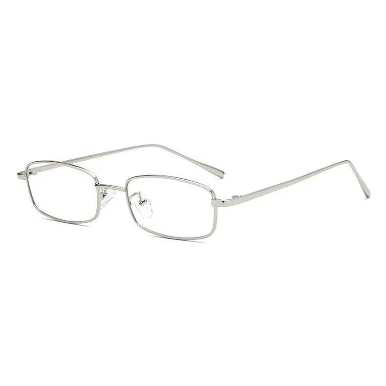 VELOP-705 premium metallic silver slim rectangular metal frame prescription eyeglasses highlighting clear blue-light filtering single vision lenses.