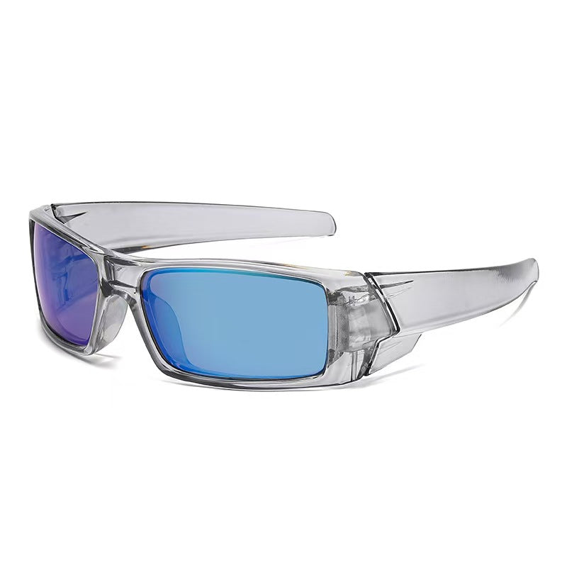 Blue mirror lens sport sunglasses with clear wraparound PC frame