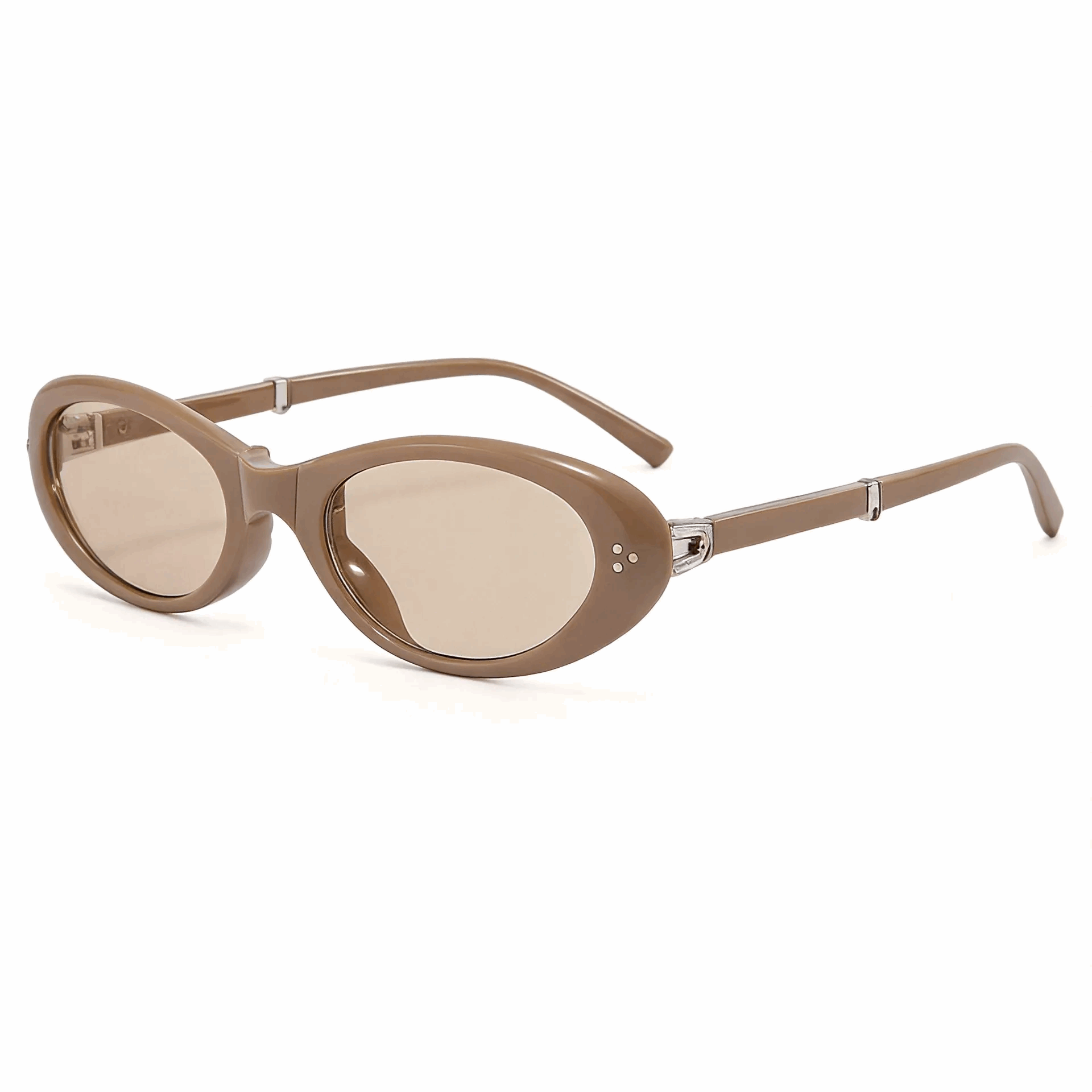 Vintage Taupe Brown bold oval sunglasses, retro 90s thick-frame shades with tinted lenses.