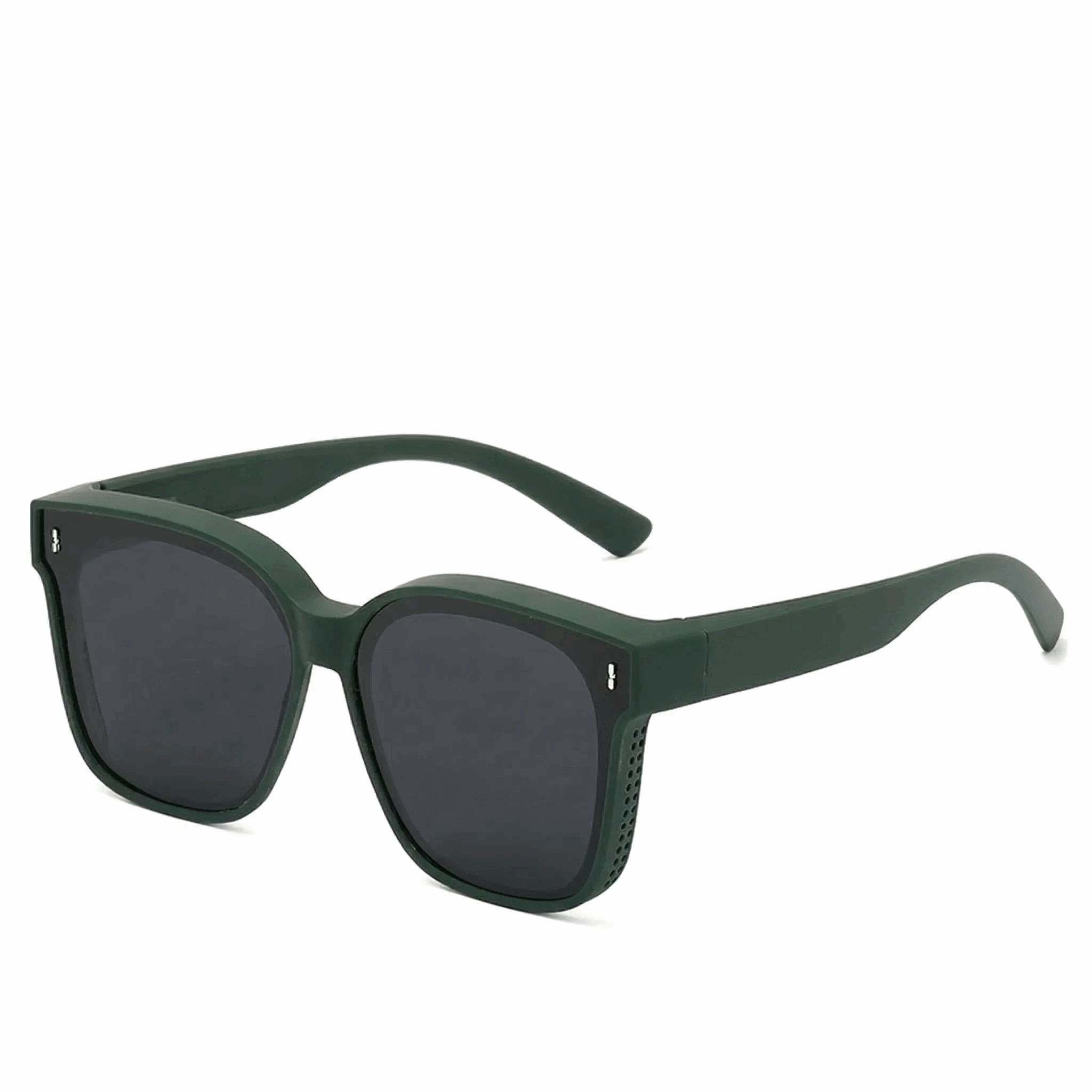 Bold Forest Green thick-frame retro sunglasses, unique high-fashion eyewear for outdoors.