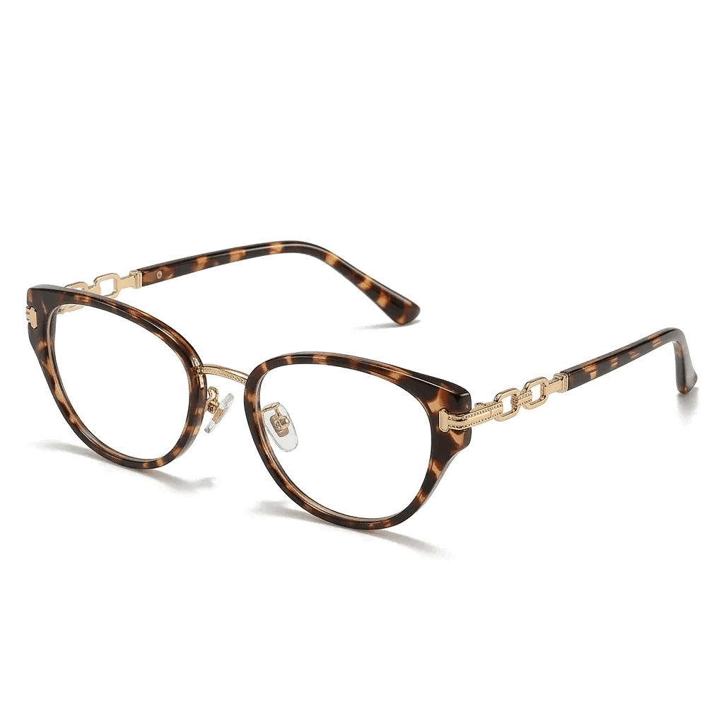 Tortoiseshell brown gold cat eye eyeglasses with chain temple accent — VELOPT-125