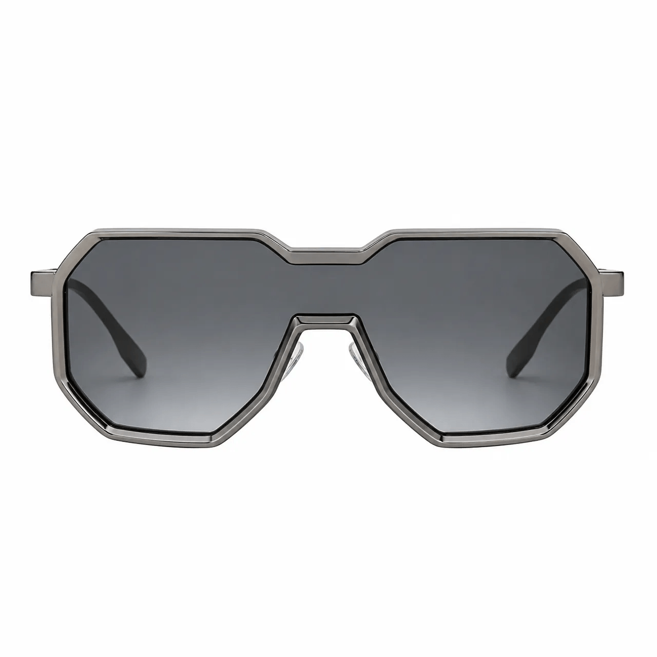 VELSUN-102 flat top geometric shield sunglasses featuring a dark smoke grey gradient lens and dark gunmetal metal hardware
