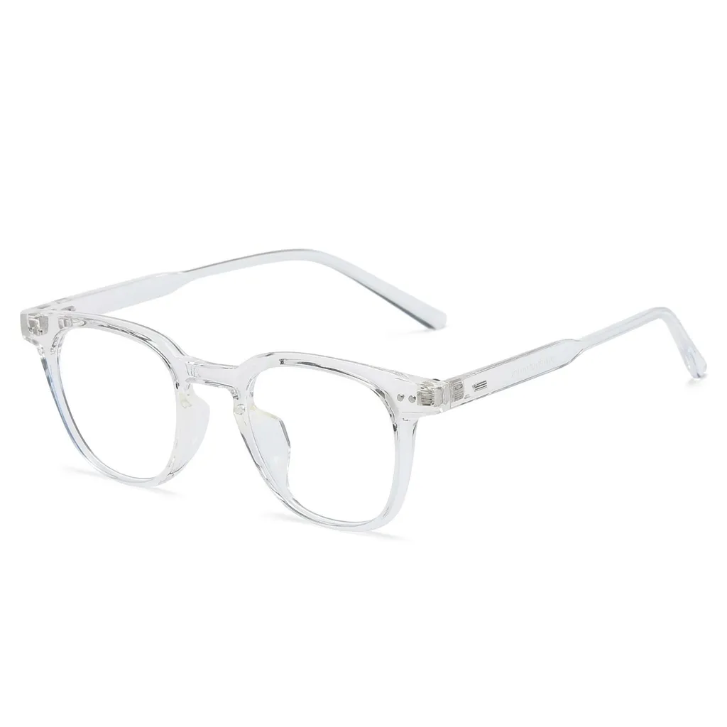 Modern crystal clear square eyeglasses, lightweight transparent frames for a minimalist fashion look.