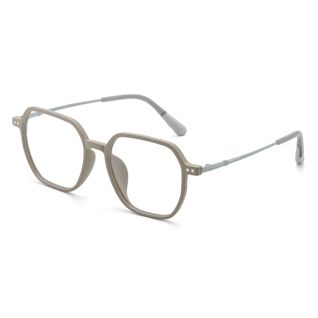 Elegant Champagne Beige polygonal glasses, lightweight acetate-style frames for women.