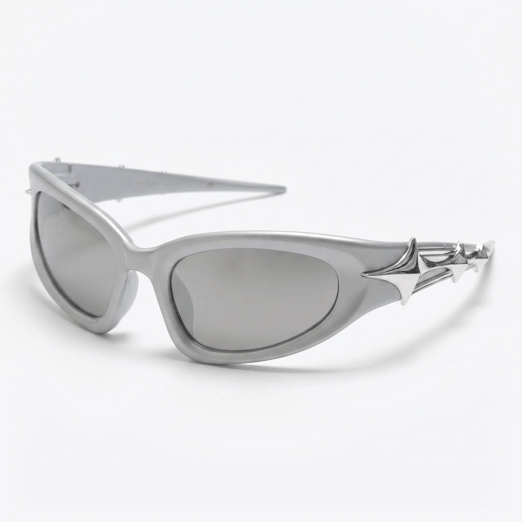 VELSUN-105 cyber rave wrap sunglasses featuring a metallic silver frame with reflective silver mirrored shield lenses