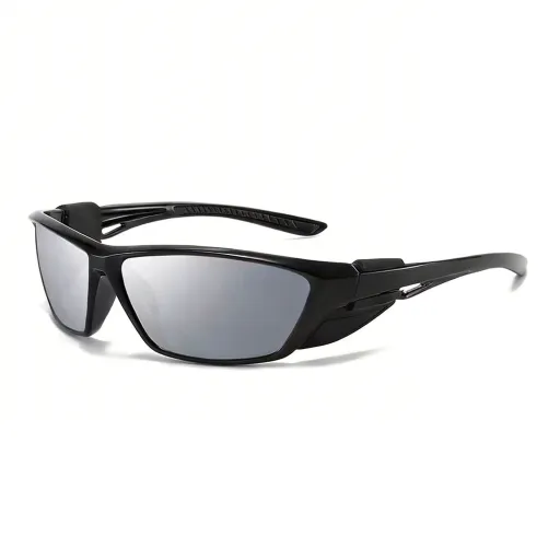 Black silver mirror lens sport sunglasses with wraparound PC frame