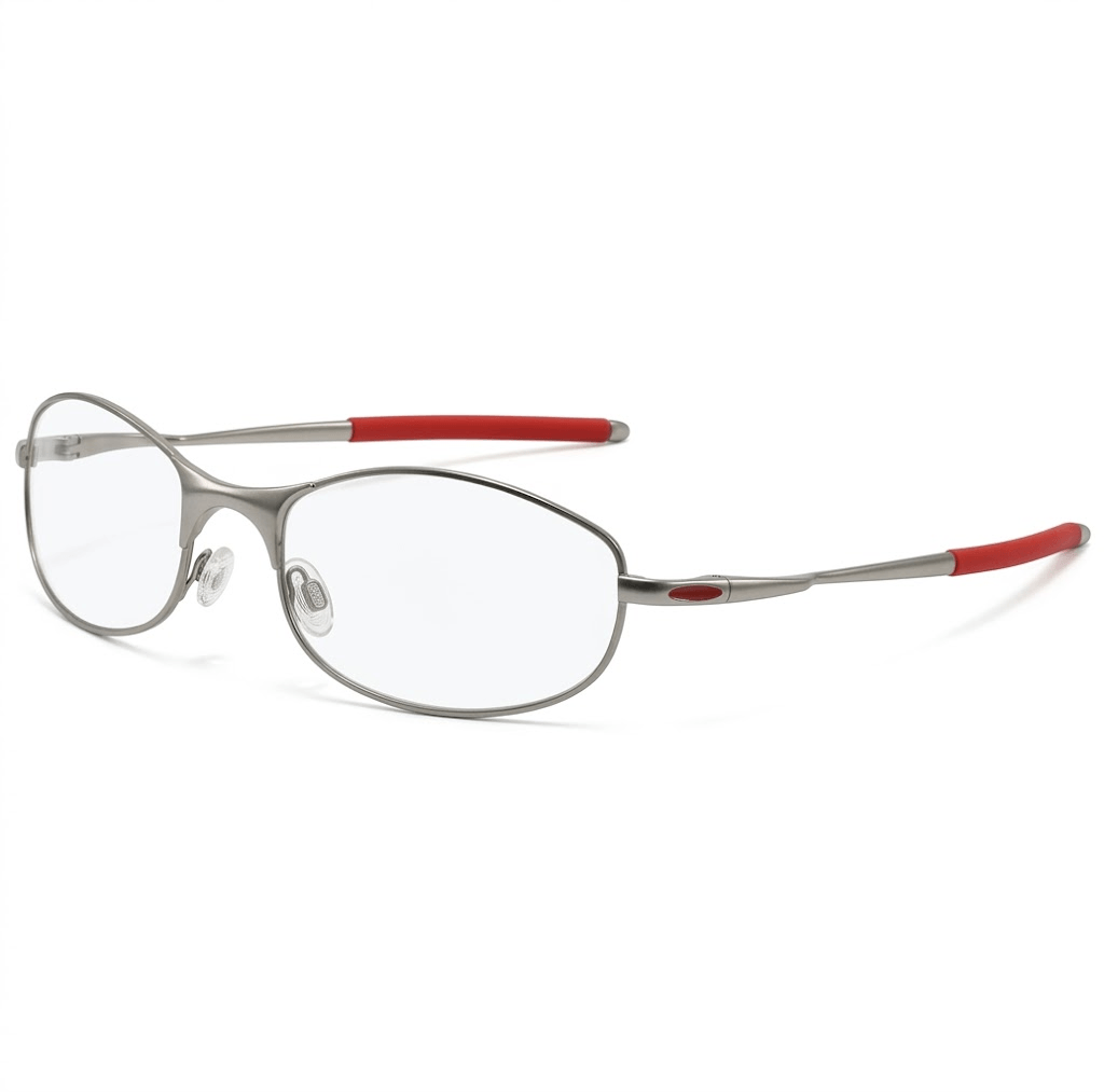 VELOPT-B105 active wireframe glasses in brushed silver metal featuring striking crimson red rubberized grip temples