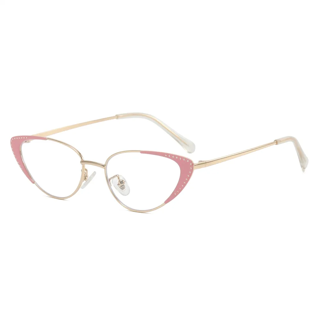 Feminine pink cat-eye prescription glasses with sparkling rivet accents on the frames.