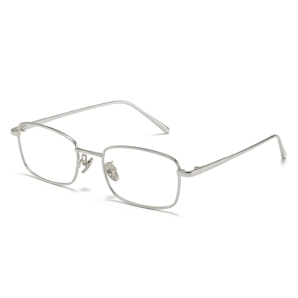 Sleek silver rectangular optical frames by Velora, lightweight metal prescription glasses for office wear.