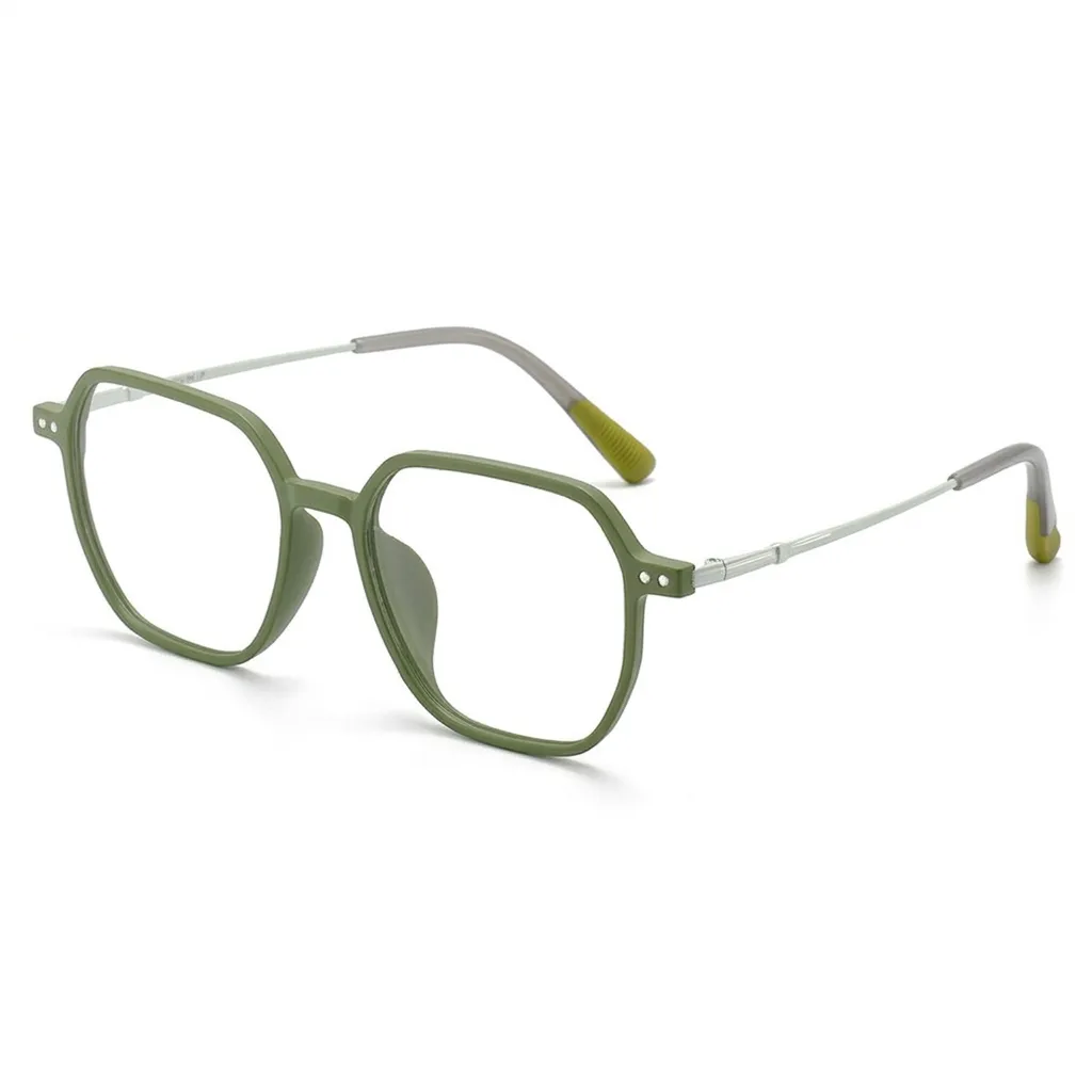 Trendy Olive Green geometric frames with thin metal temples, unique fashion-forward eyewear.