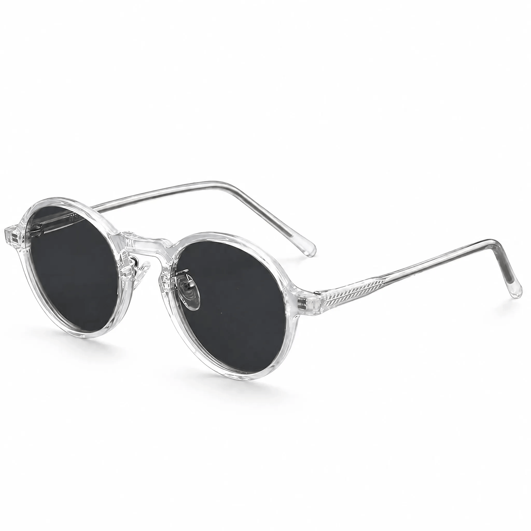 VELSUN-104 minimalist round sunglasses with a clear transparent PC frame and solid dark grey smoke lenses