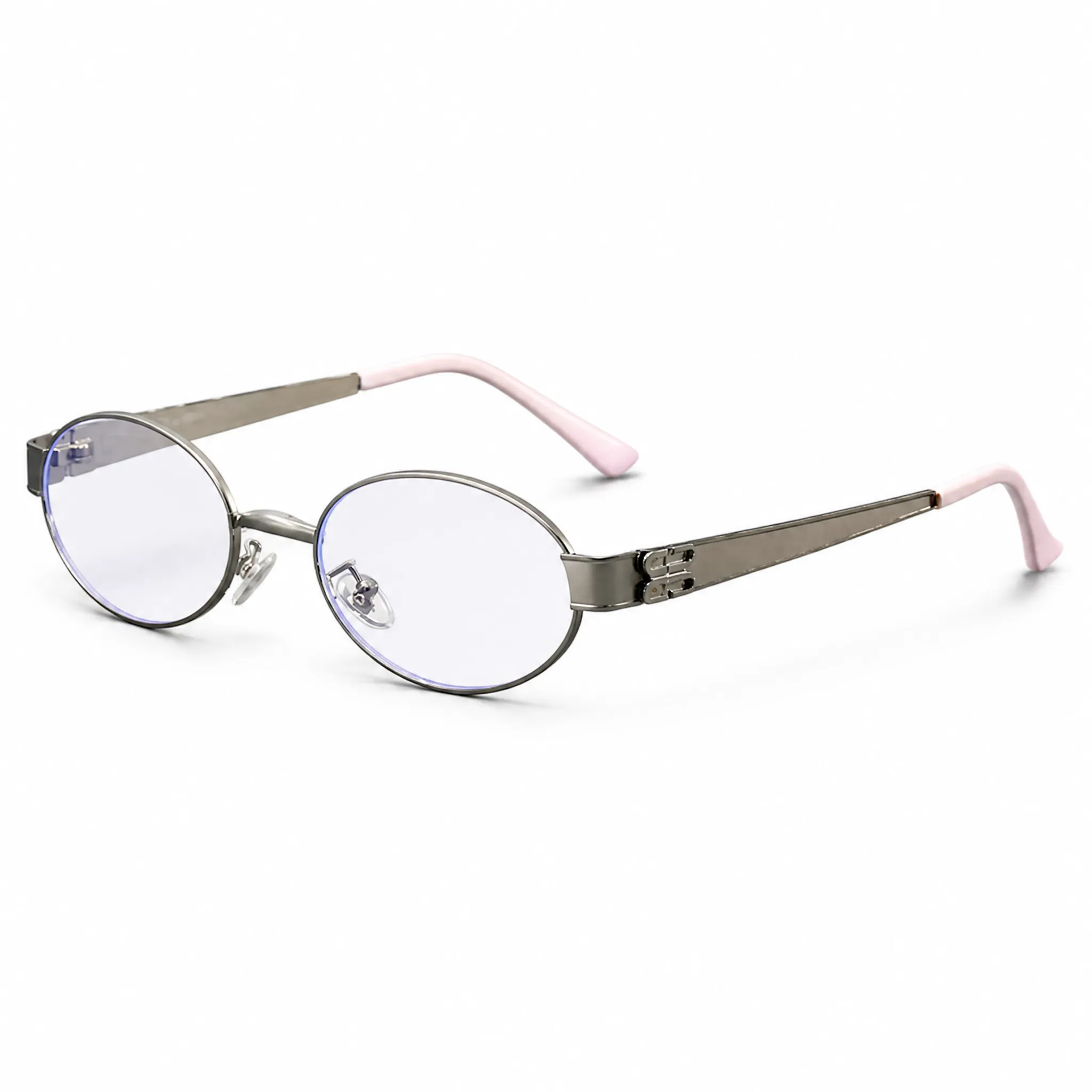 VELOPT-B102 y2k style oval prescription glasses in gunmetal grey metal with soft pastel pink acetate temple tips
