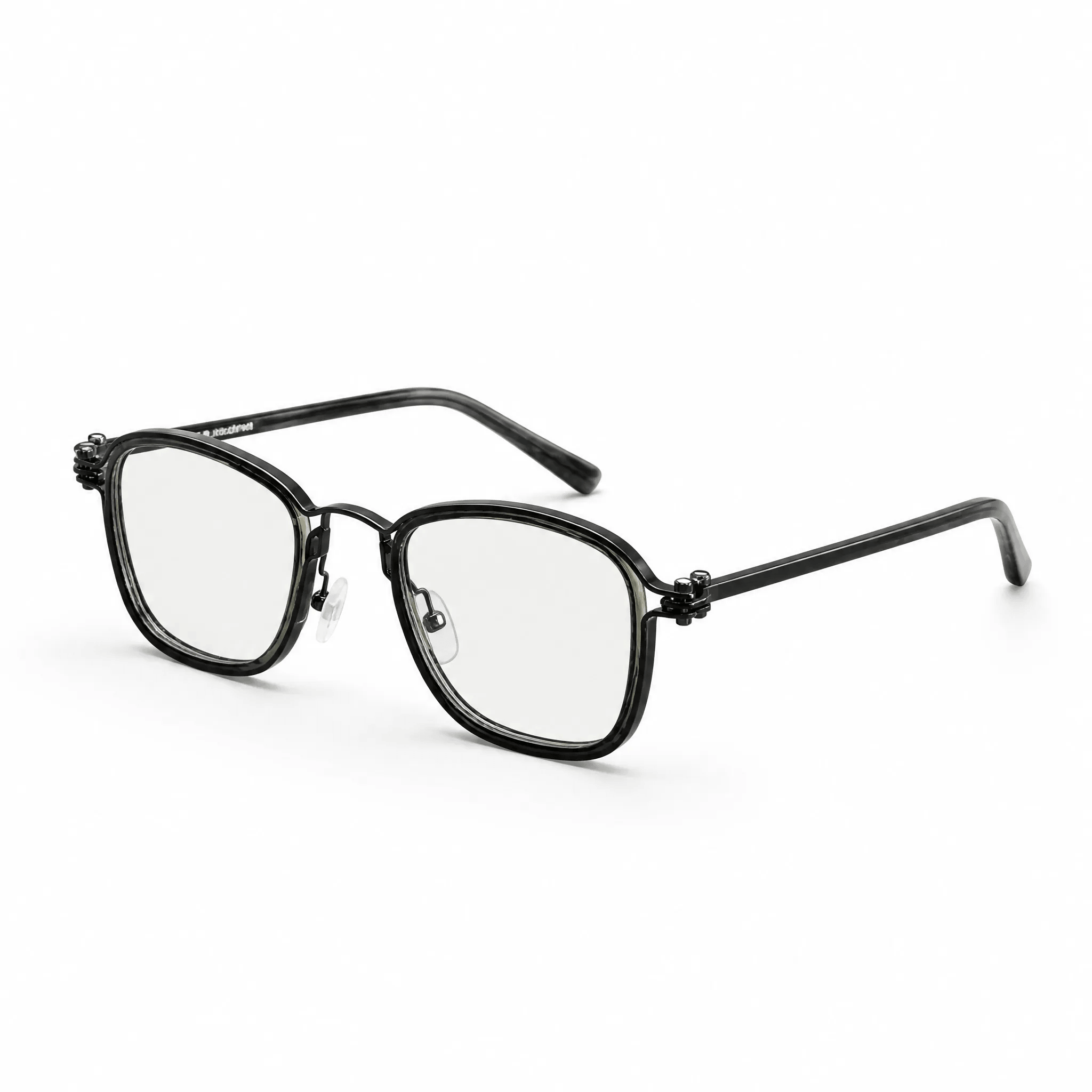 VELOPT-B107 soft square PC prescription glasses in ink black with a metallic gunmetal gray bridge and technical size chart