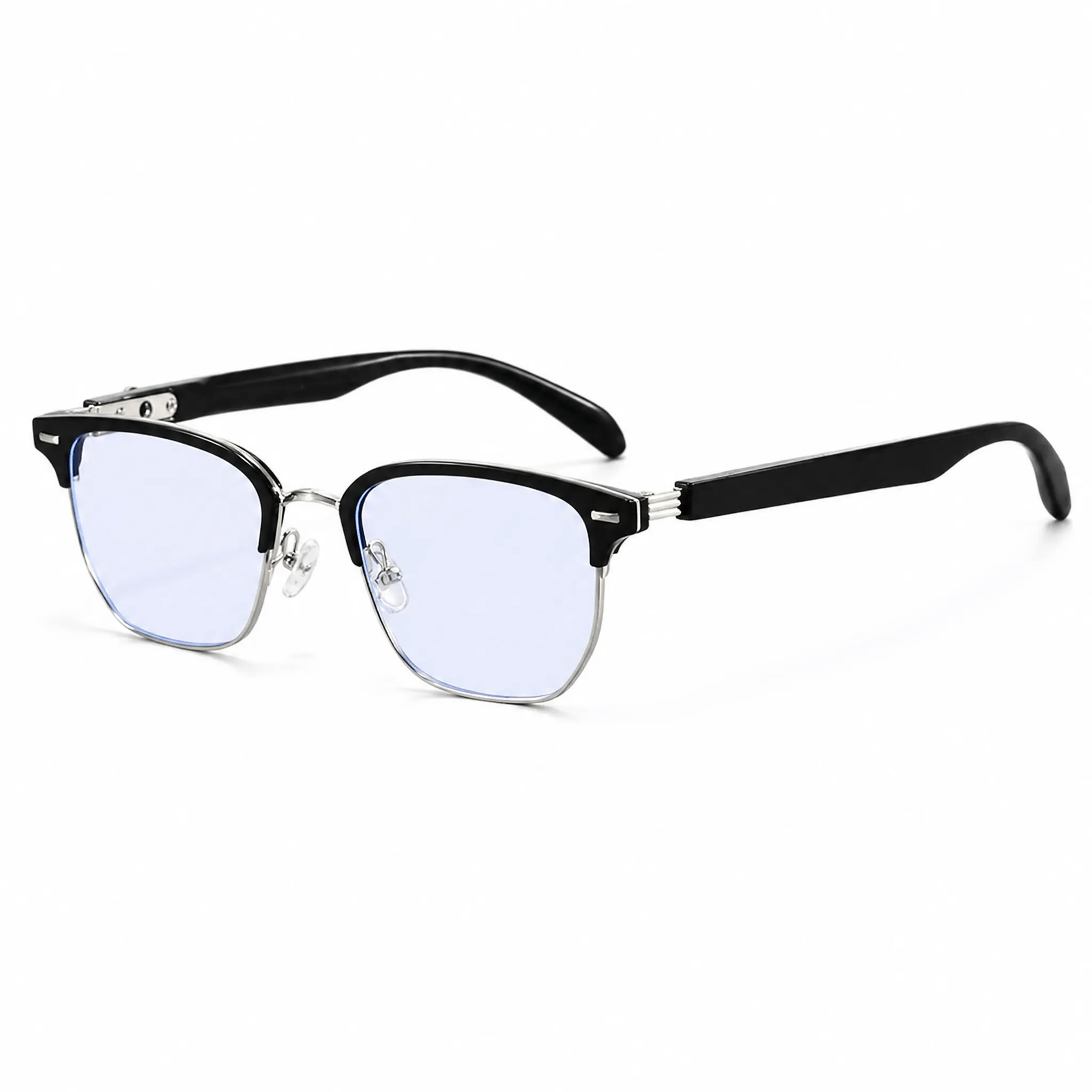 VELOPT-B103 semi rimless clubmaster prescription glasses in gloss black acetate with silver metal rims and size diagram