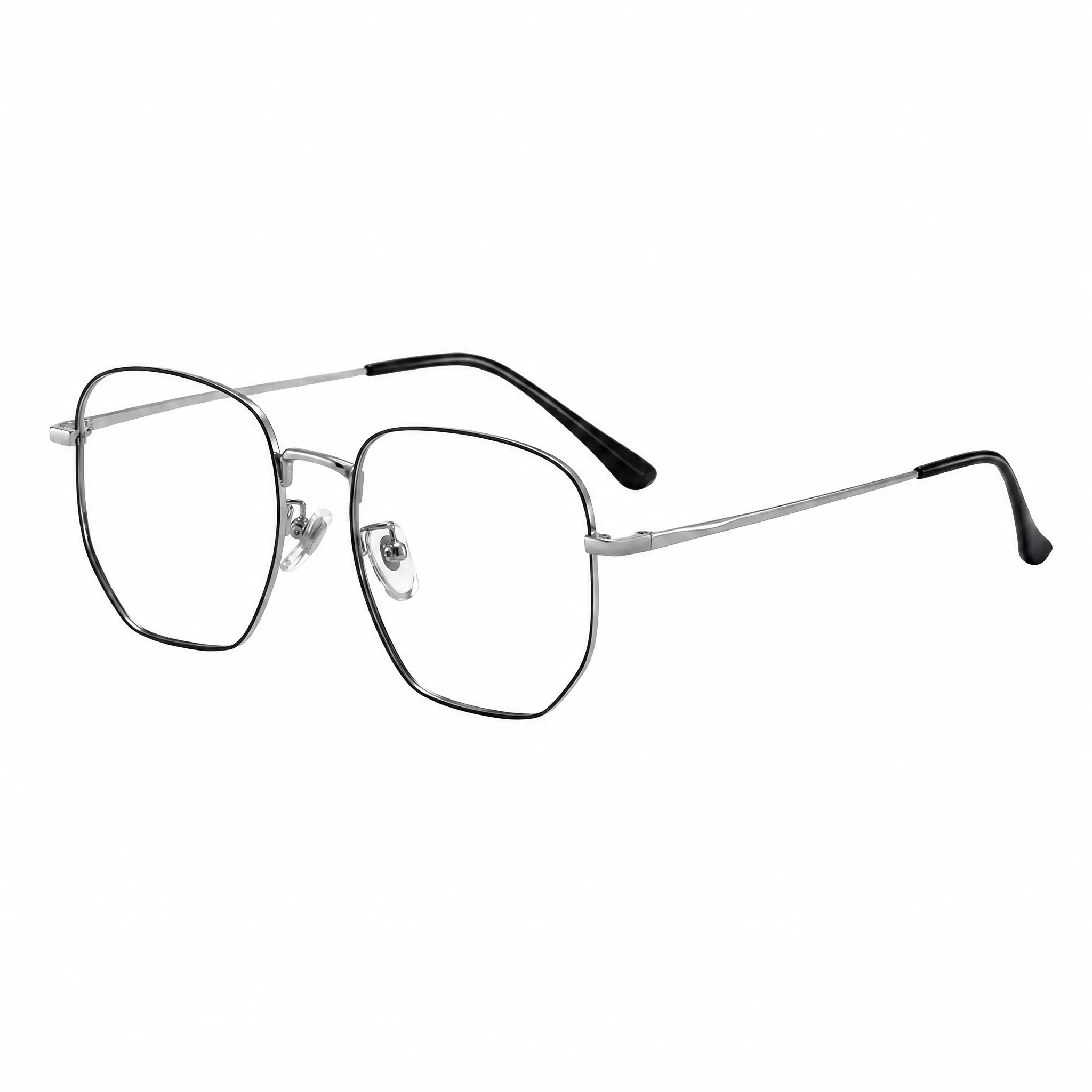 VELOPT-706 minimalist two-tone black and polished silver frame geometric metal eyeglasses showcasing lightweight architectural design.