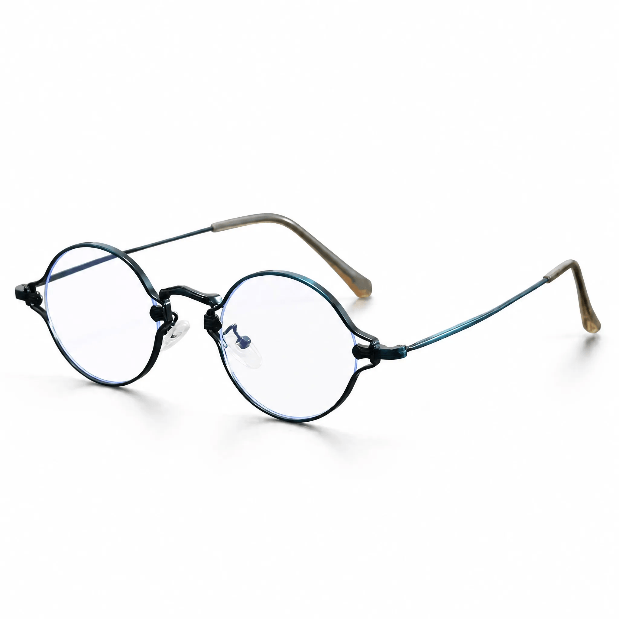 VELOPT-B104 retro round metal prescription glasses in deep navy blue with gold temple accents and sizing diagram