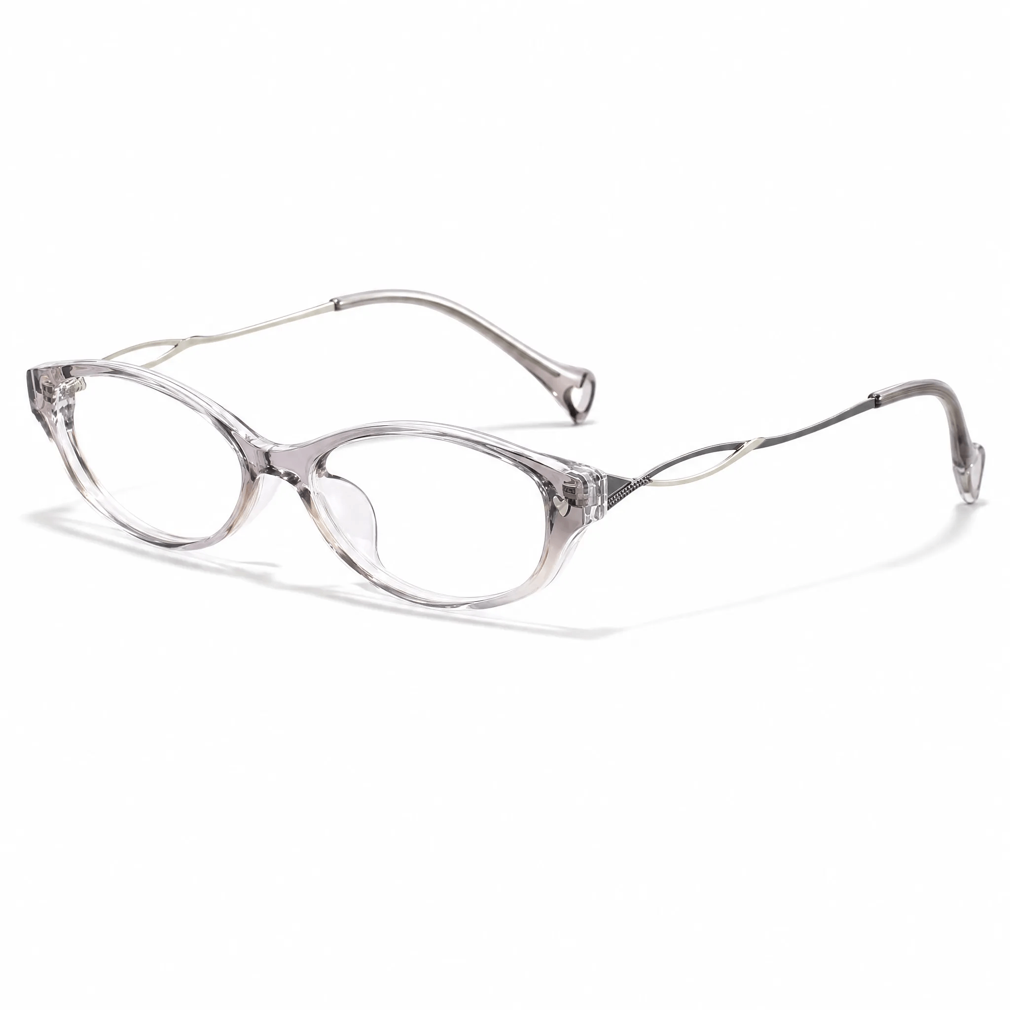 VELOPT-B101 sliver cat eye prescription glasses with gold metal temples and frame dimensions diagram