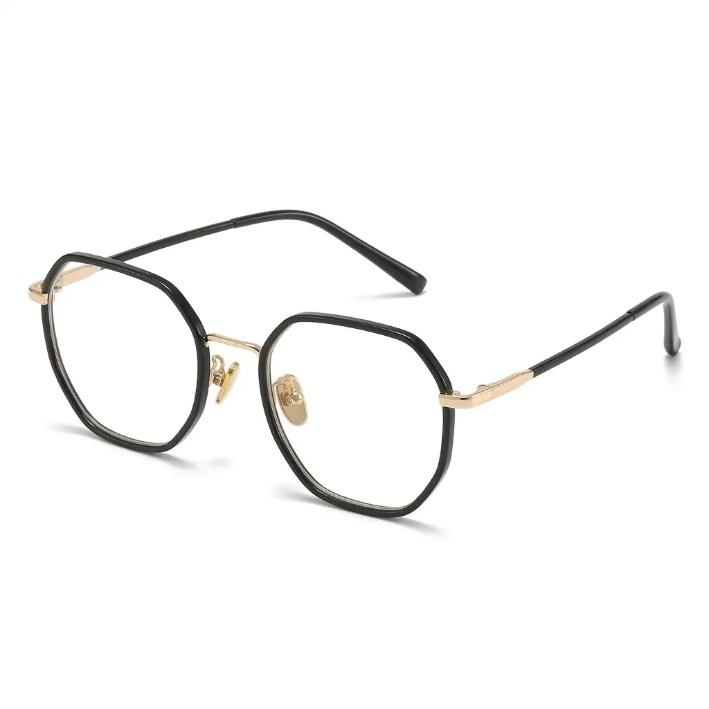 Classic black and gold hexagon prescription eyewear, sophisticated mixed-metal finish.