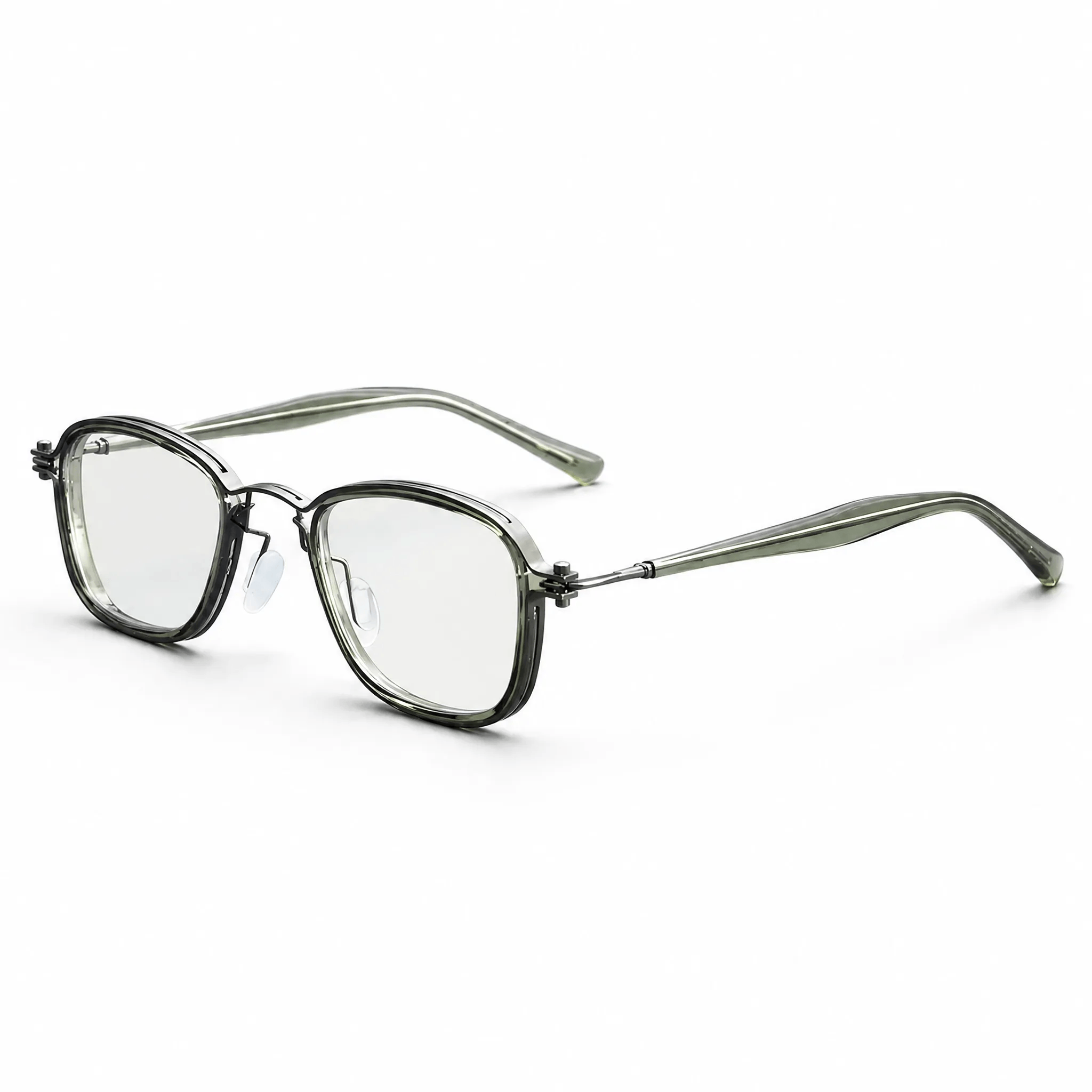 VELOPT-B109 modern soft square glasses frame in translucent clear sage green PC showing adjustable silver nose pads