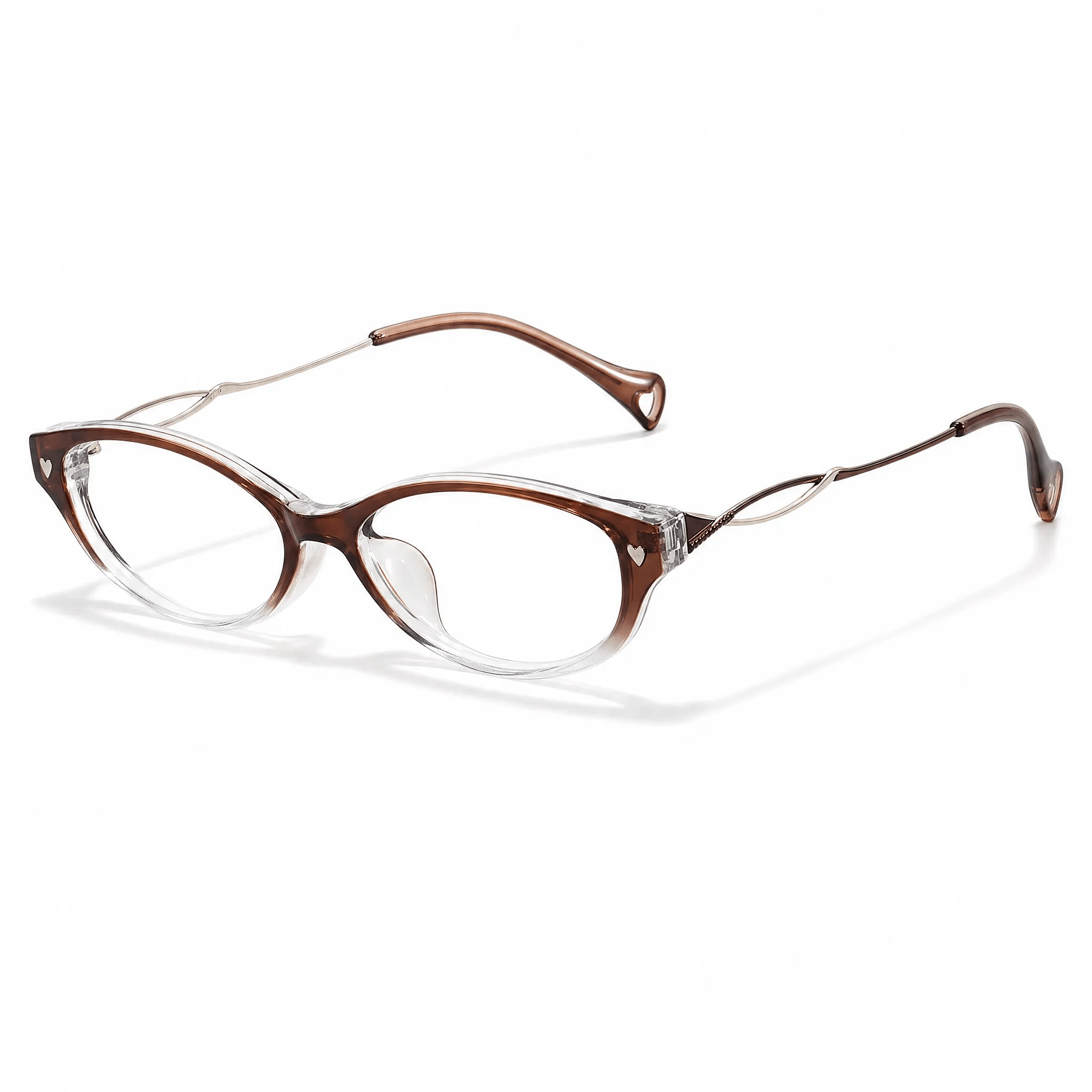 VELOPT-B101 crystal clear brown gradient cat eye glasses with detailed gold wavy wire temples