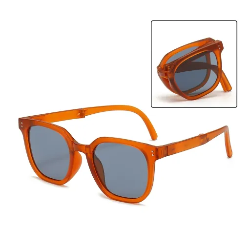 Vibrant Sunset Orange folding sunglasses, high-fashion portable eyewear for beach trips.