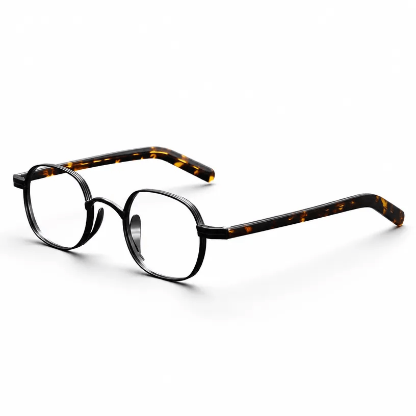 VELOPT-B110 minimalist geometric blue light blocking glasses in matte onyx black metal with dark patterned tortoise arms