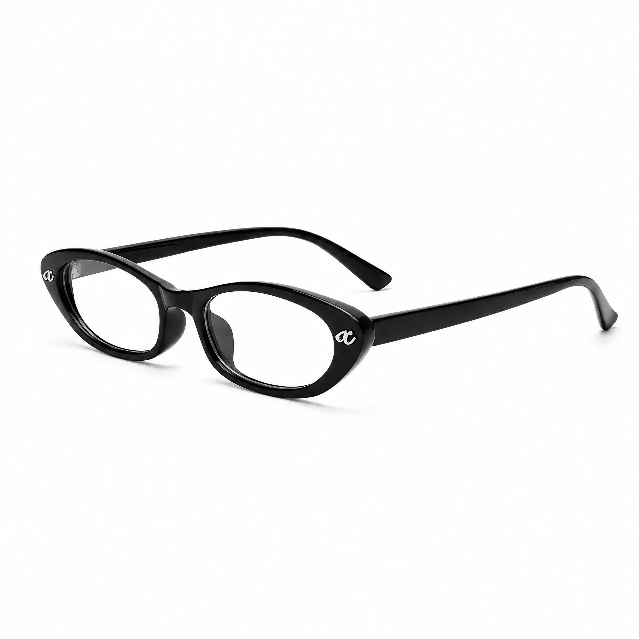 VELOPT-B113 narrow cat eye PC prescription glasses in classic onyx black with silver infinity front rivets and technical sizing chart