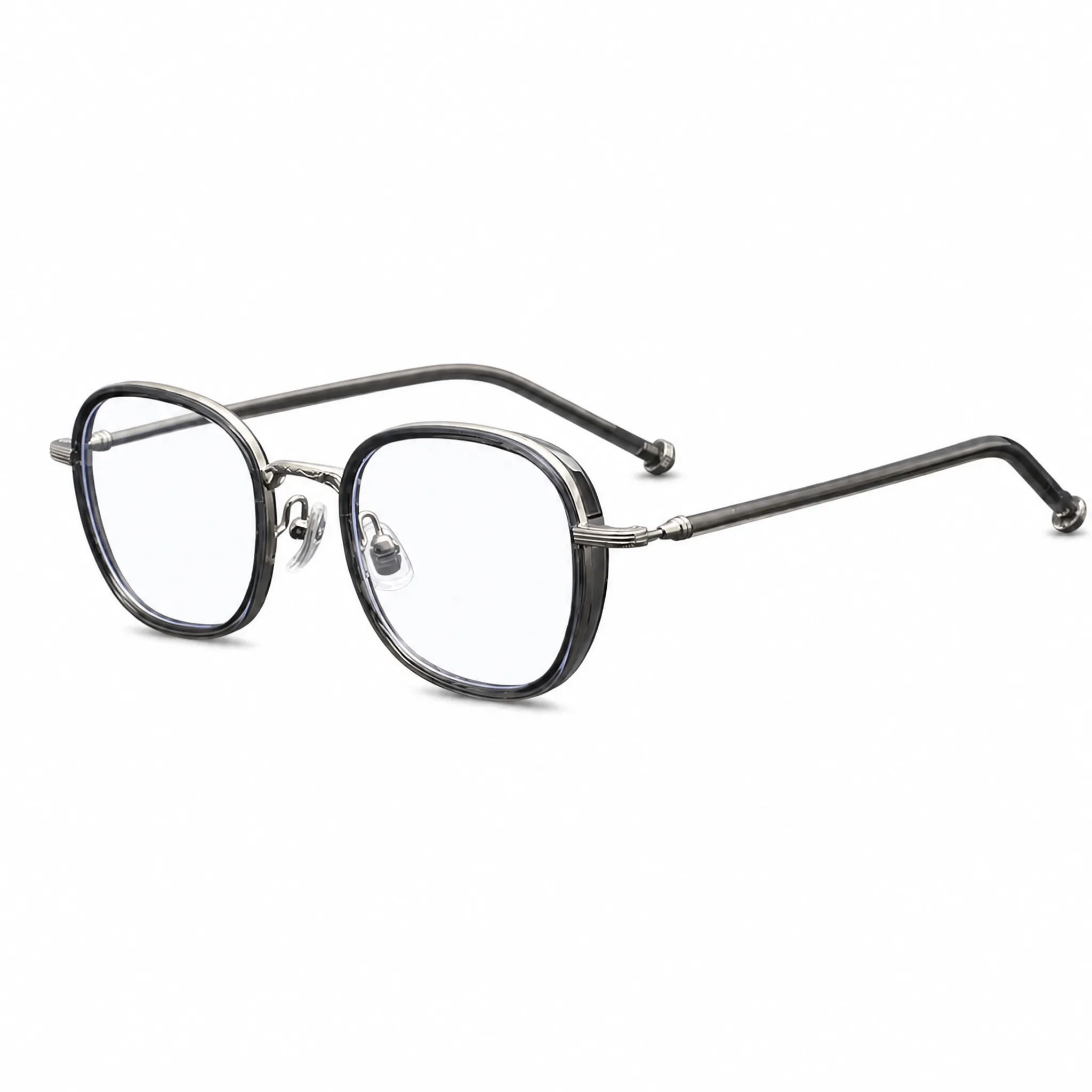VELOPT-B111 retro rectangular black PC prescription eyeglasses showing sleek molded temple arms