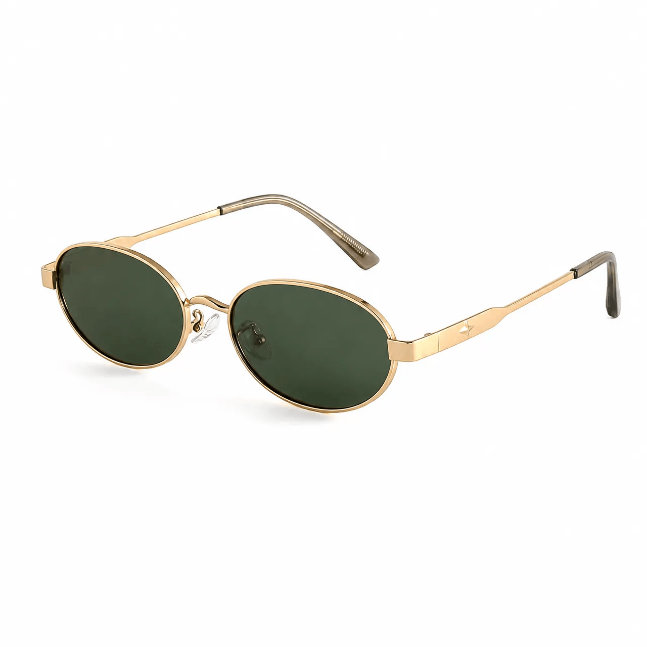 VELSUN-103 vintage oval metal sunglasses in polished gold with dark forest green lenses and technical blueprint dimensions